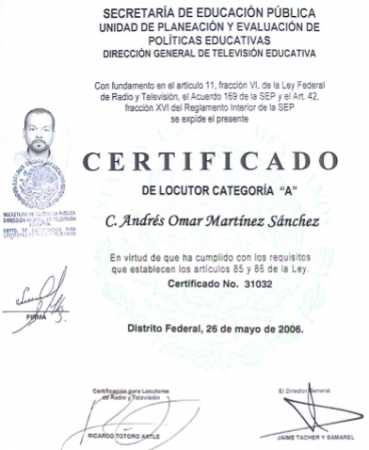 Certificado Locutor Andres Omar Martinez Sanchez